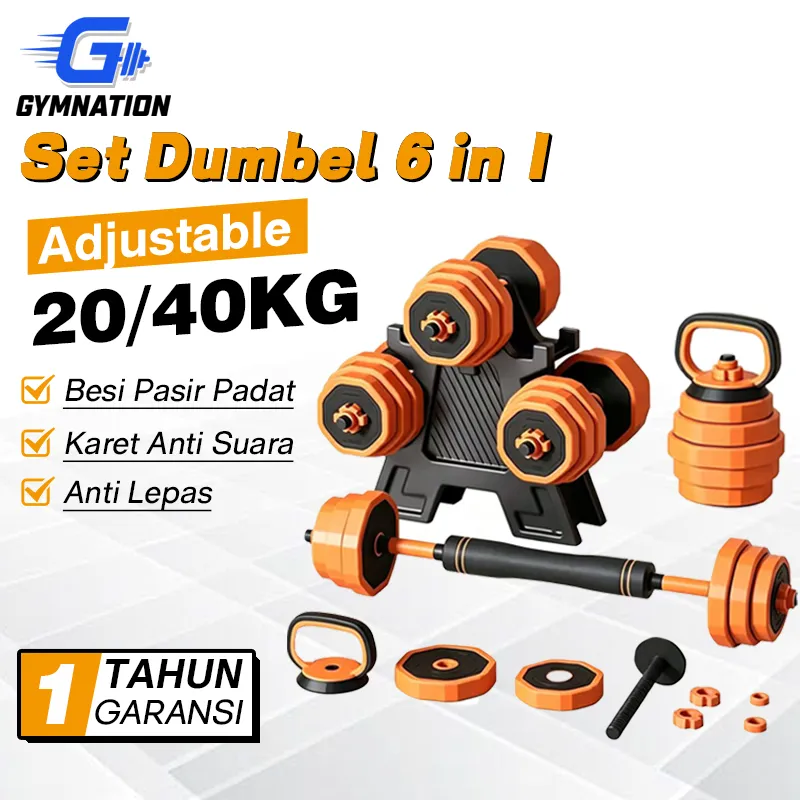 Dumbbell Barbell Set 6in1 20/40KG Pasir Besi Padat Adjustable Multifungsi Bisa Jadi Kettlebell Alat Fitness Gym Rumah BB