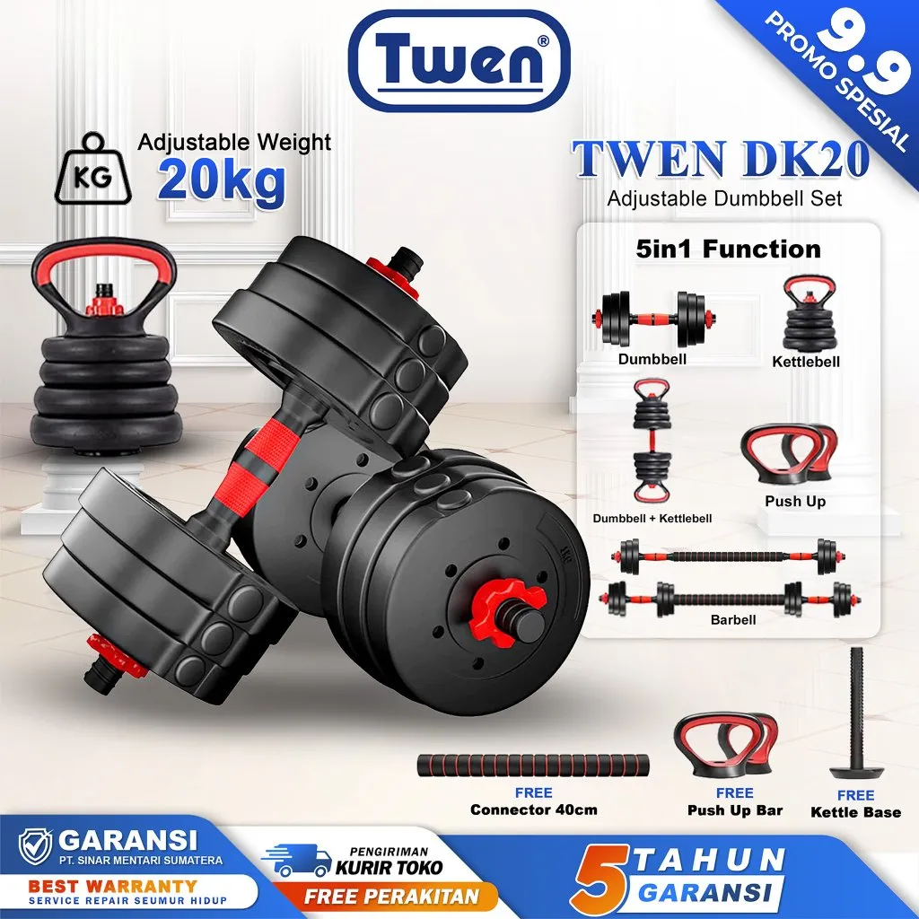 TWEN Dumbbell Set 20kg DS20 DK20 Kettlebell Peralatan Fitness dengan Perawatan Lingkungan
