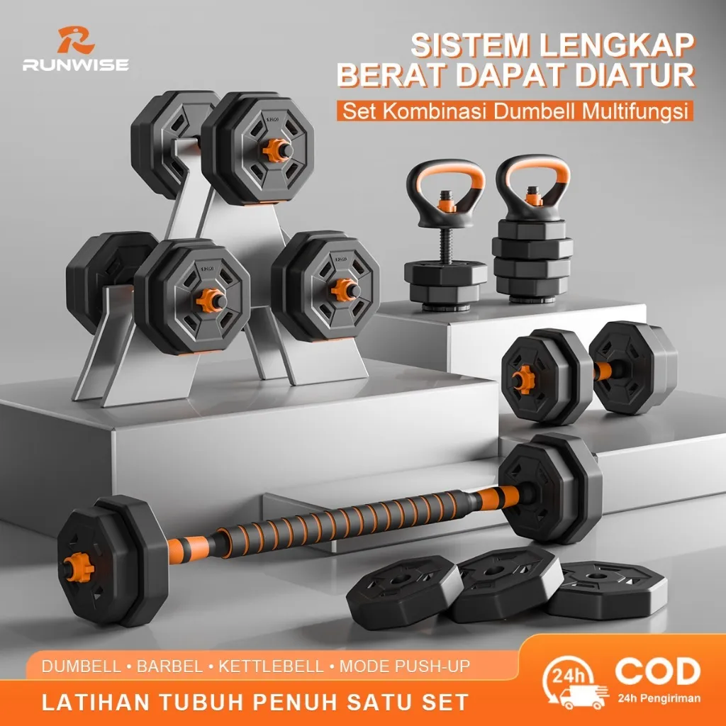 RUNWISE Dumbbell Set 5 in 1 10/20KG - Barbel Kettlebell Push Up Stand, Pelat Octagonal Anti Guling, Alat Fitness Rumah Multifungsi