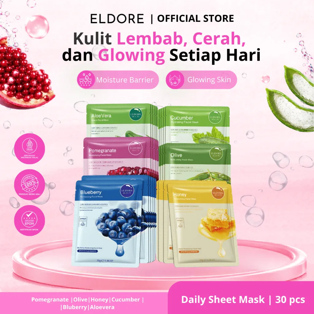 ELDORE Facial Beauty Sheet Mask 30 PCS - Masker Wajah Bundle isi 30pcs Melembapkan Untuk Semua Jenis Kulit