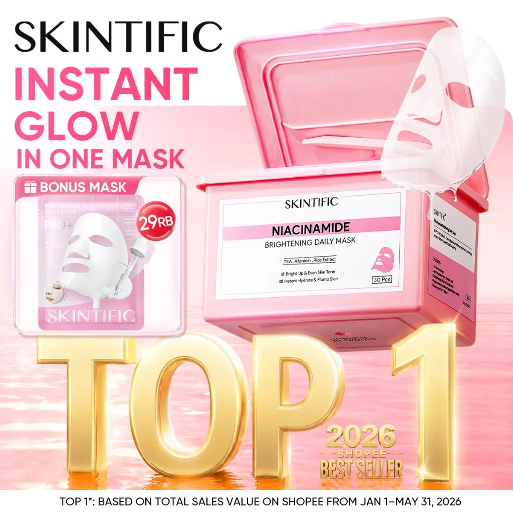 SKINTIFlC -NIACINAMIDE BRIGHTENING DAILY MASK 30sheets|Hydrate Glow sheet masker wajah masker komedo dan pori skincare skintific masker wajah 1box sheetmask 30 days sleeping mask masker mencerahkan wajah kusam clay mask claming pore treatment