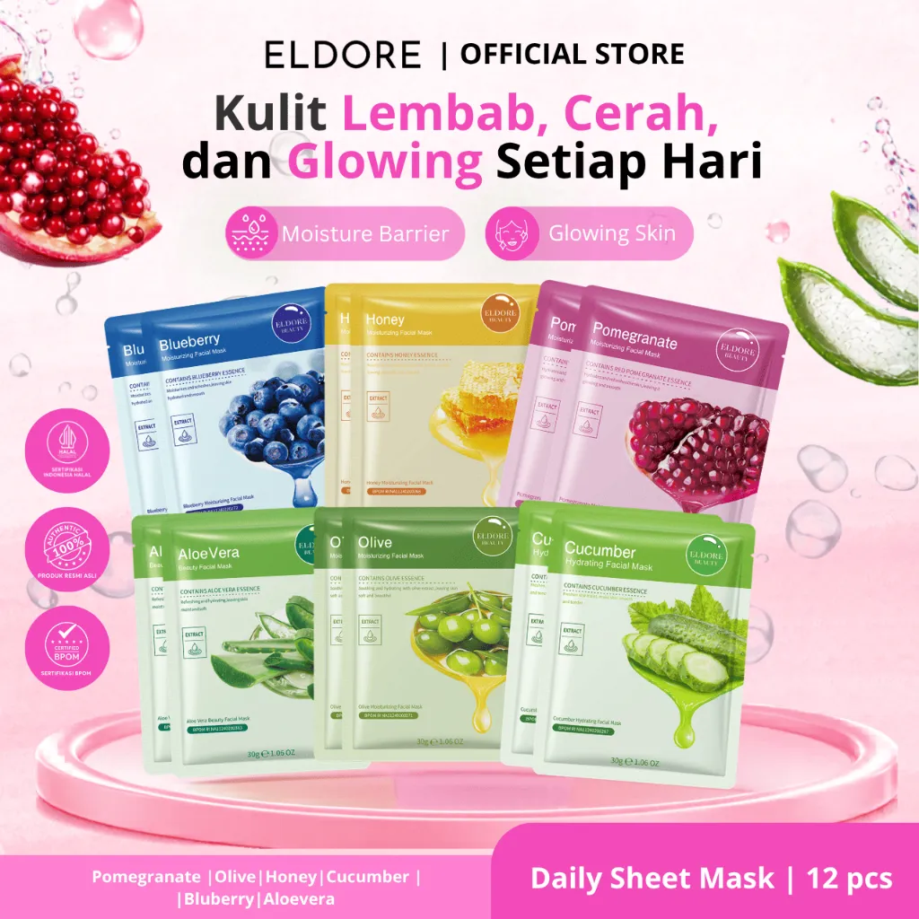 ELDORE Beauty Facial Sheet Mask 12 PCS - Masker Wajah Melembapkan