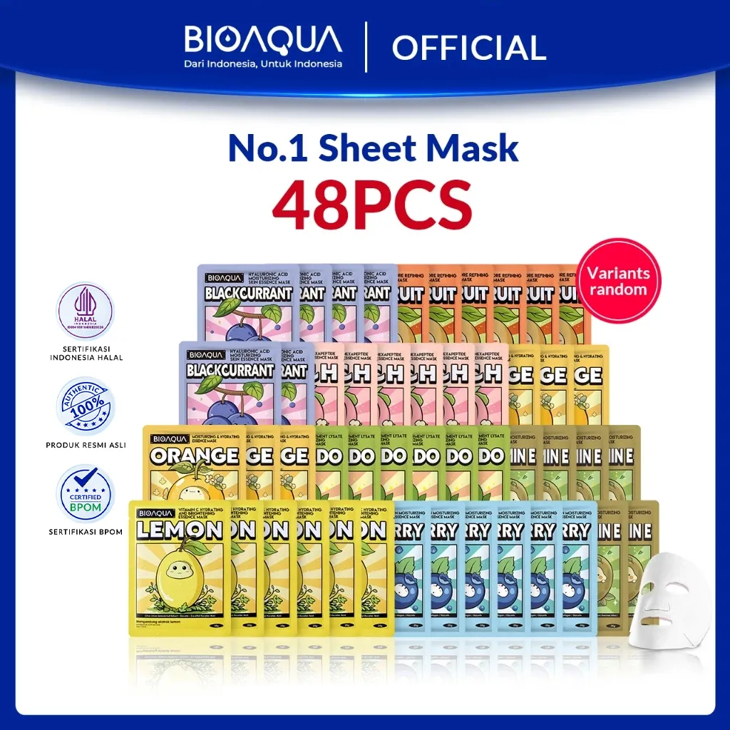BIOAQUA Fruit Sheet Mask Masker Wajah Mix 24pcs / 48pcs SheetMask Face Mask Masker Muka Untuk All Skin Types Brightening Glowing Masker Muka / Acne Care / Skin Barrier /Mengecilkan Pori-Pori