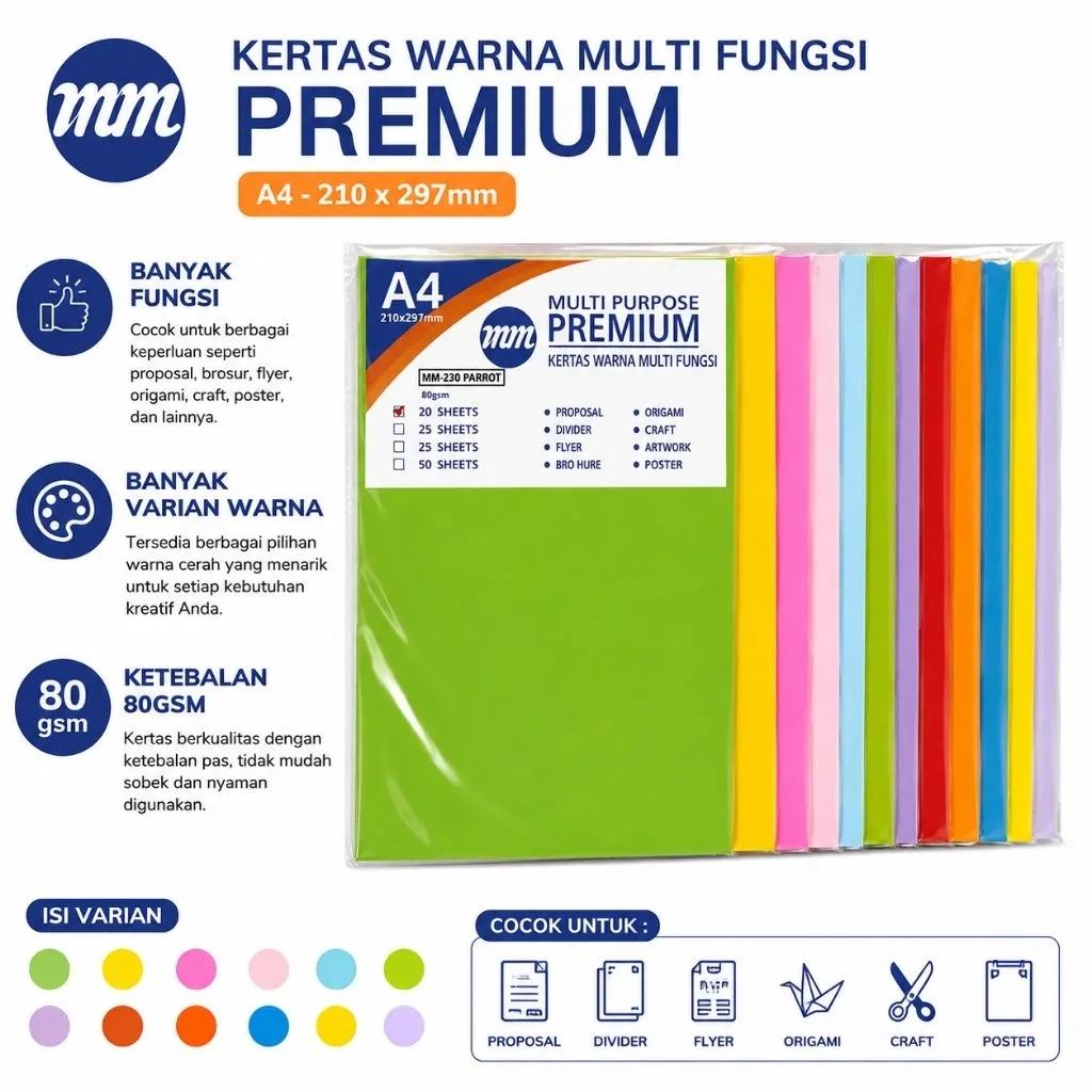 Kertas Warna Multi Fungsi A4 80 gsm Premium MM - Kertas HVS Warna Origami Craft DIY