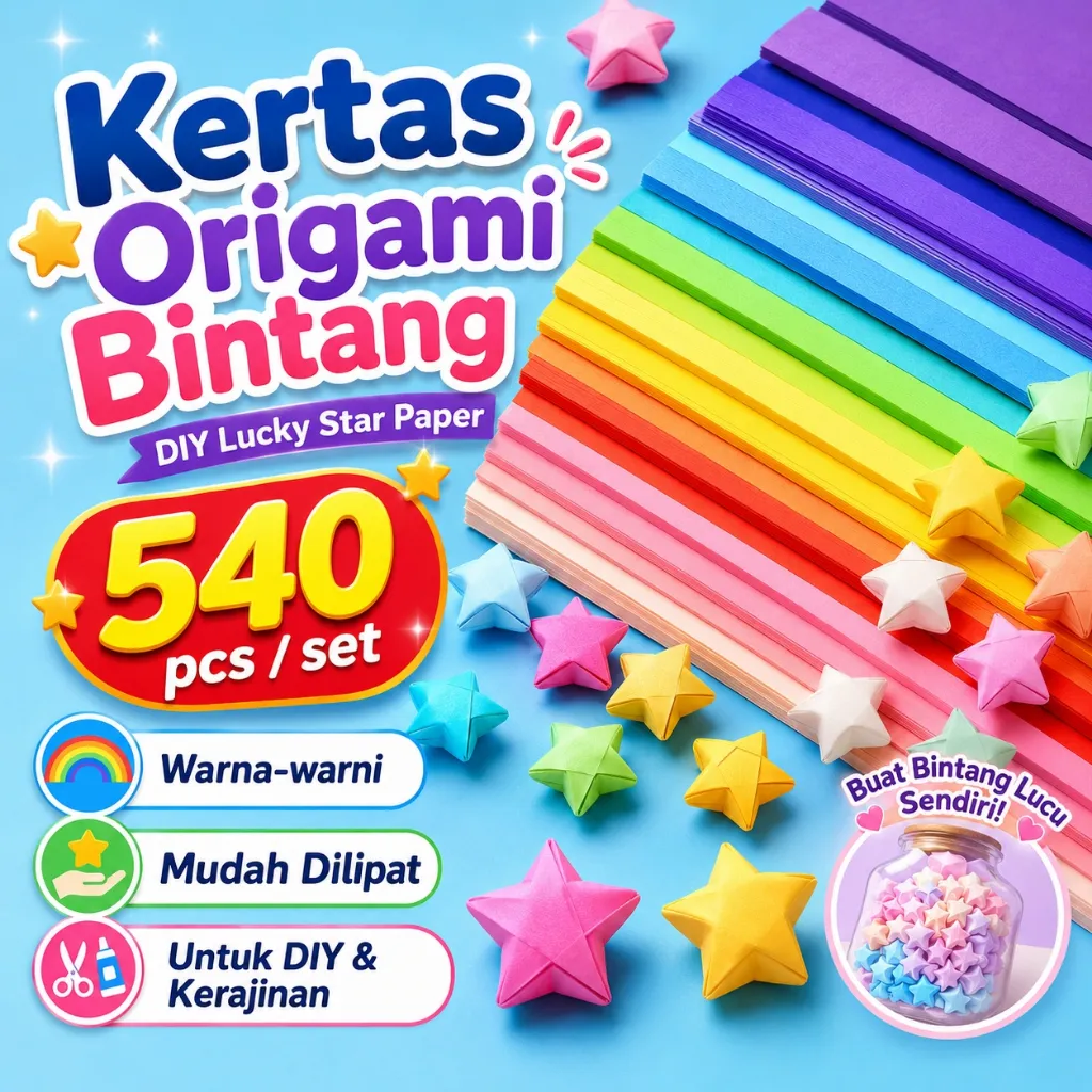 540pcs Kertas Origami Bintang Warna Warni DIY Lucky Star Paper Kerajinan Anak Handmade Craft Dekorasi Gift