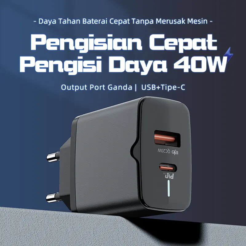 (HOT)BASIKE Kepala Charger iPhone Fast Charging PD 40W Dual Port Type-C USB Fast Charging Soket Eropa Aman Mini Praktis Kompatibel iPhone Android HP Tablet Headset Rumah Kantor