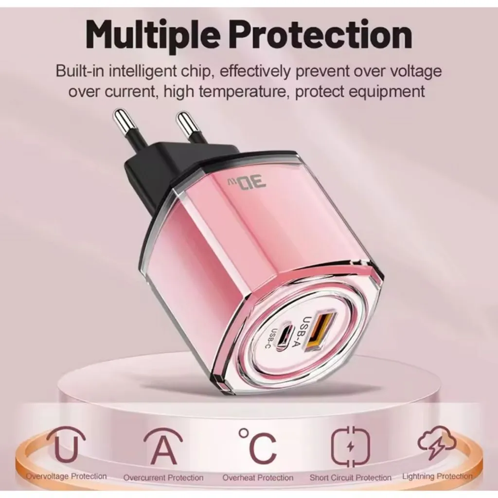 Charger 30W Fast Charging USB A Dual Port Kepala Charger Crystal Transparan untuk HP iPhone Android