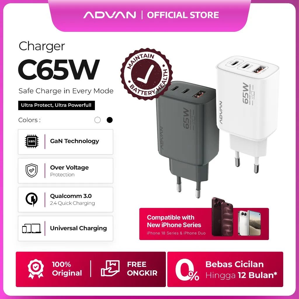 [FREE Kabel Type-C] ADVAN Safe Charge C65 GaN 65W | Charger iPhone 18 Pro, iPhone, Android, HP, Tablet & Laptop | 2 Type-C + USB-A | Fast Charging | Garansi 1 Tahun
