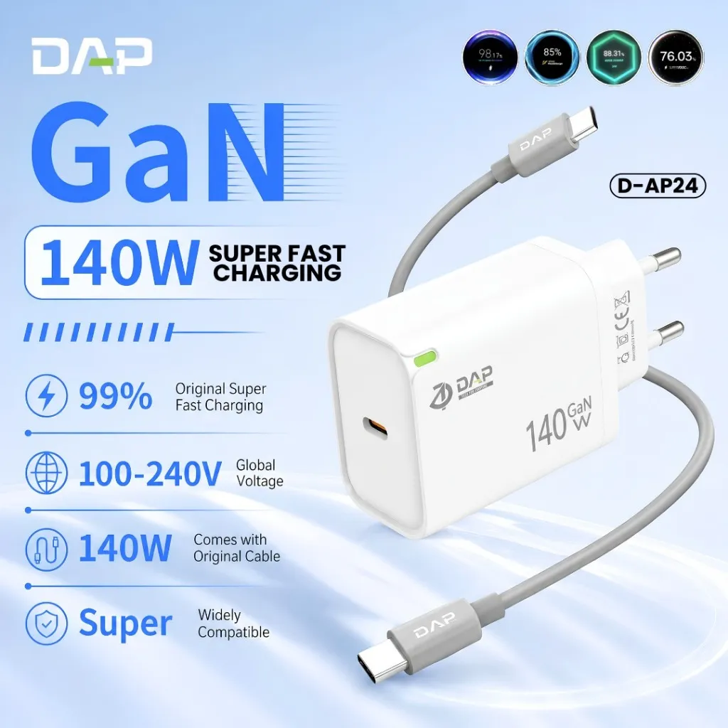 DAP 140W GaN HP Charger Type-C Data Cable Adapter, suitable for mobile phones, supports fast charging and PPS protocol, compatible with Vivo, OPPO, Xiaomi, realme and other brand mobile phones, includes charger kit.