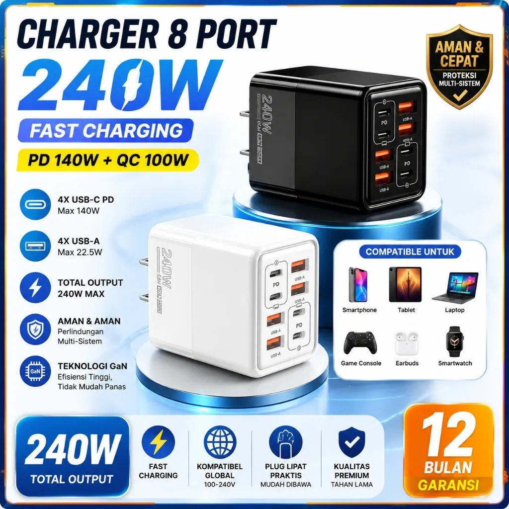 [Garansi dua tahun] Powerport Charger GaN 240W 8 Port 4 USB‑C PD +4 USB‑A Fast Charging Adaptor Pengisian Cepat Multi Port Untuk HP Laptop Tablet Universal Travel Adapter