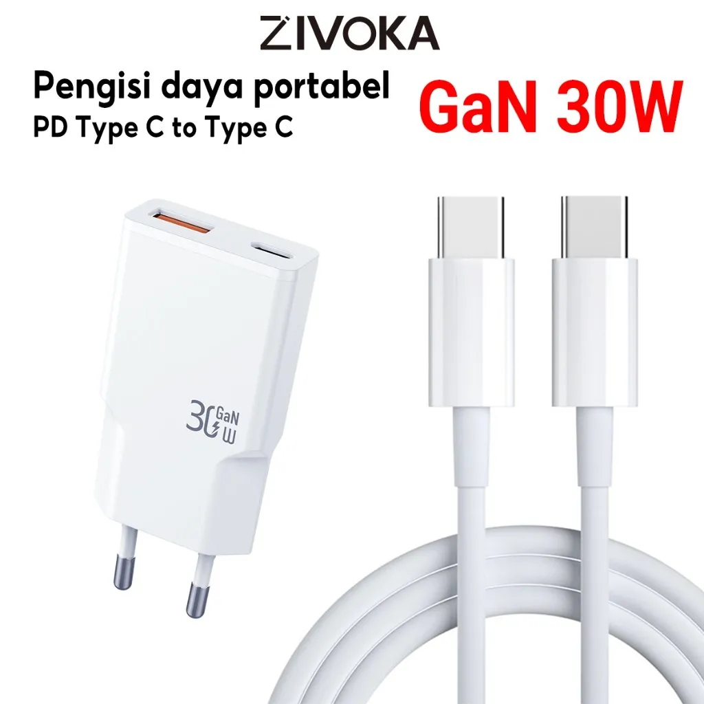(Teknologi Eksklusif, Rilis Perdana) ZIVOKA Charger GaN 30W Fast Charging PD Adaptor Dua Port USB Type C, Charger Cepat HP iPhone 8 11 12 13 14 15 16 17, Paket Charger + Kabel 1M Gratis - ZTC30