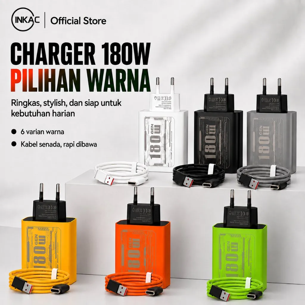 [COD] INKAC Charger 180W Model 219 Fast Charging dengan Kabel Type-C USB-A, Adaptor Charger HP 6 Pilihan Warna