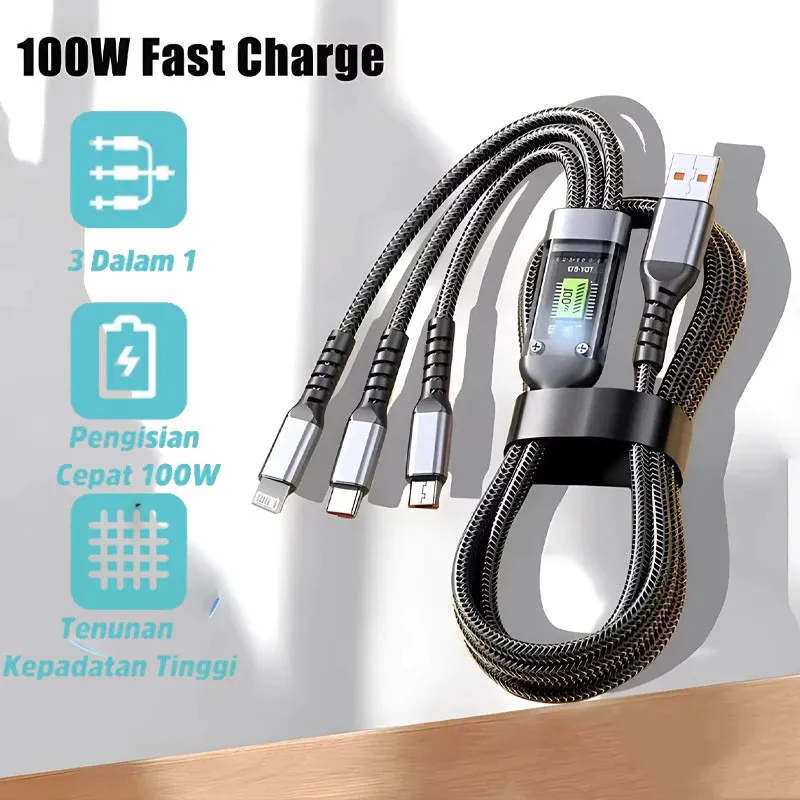 (Gratis Ongkir)Kabel Data Fast Charging 100W 3 in 1 - Type C, Micro USB, Lightning untuk iOS & Android, Charger Cepat untuk HP, Tablet, Laptop