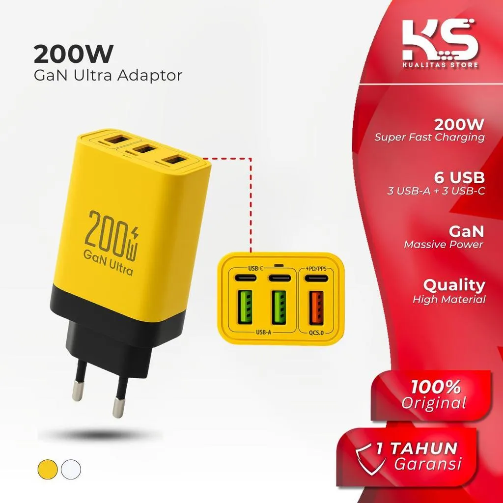 GaN Ultra 200W Power Adaptor 3USB-A + 3 USB-C Kepala Casan Batok Charger Super Fast Charging Adapter Cas Hp Multi USB