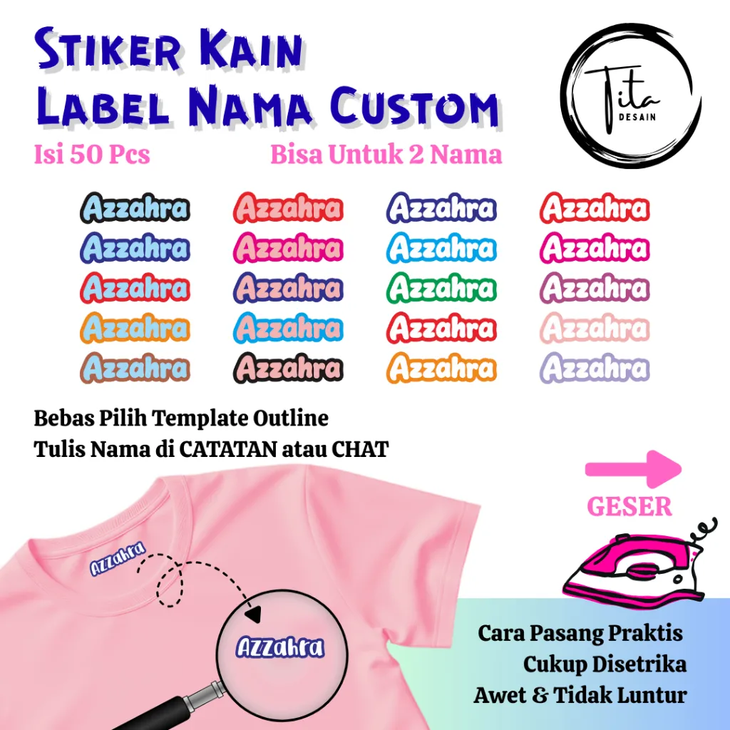 Isi 50 Pcs Stiker Kain Label Nama Baju Setrika Custom Bisa Untuk 2 Nama Cutting Outline