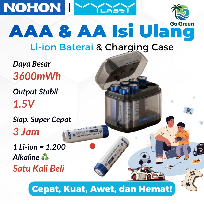 NOHON aaa Baterai AA Isi Ulang - 3600mWh 1.5V Stabil Awet 1 Li-ion = 1.200 Alkaline Battery Rechargeable untuk Game Controller Mainan Anak Batre 2A 3A Batrai NiMH Fast Charger
