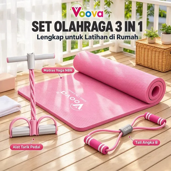 VOOVA Paket Olahraga Lengkap/ Set Olahraga di Rumah/ 4 IN 1 Set Olahraga/ Set Yoga/ Paket Lengkap Alat Olahraga/ Matras dengan Tummy Trimmer dan Tali Yoga Elastis Nyaman dan Anti Slip