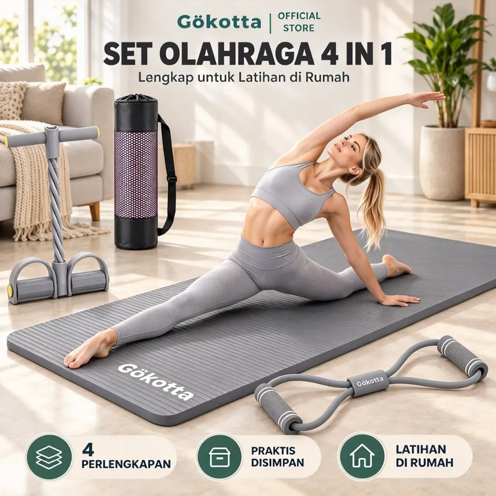 GOKOTTA Set Alat Olahraga Home Workout 3in1 – Matras + Tali Sit Up + Tali Elastis/ Paket Olahraga Yoga/ Alat Olahraga/ Matras dengan Tummy Trimmer, Paket Matras Yoga