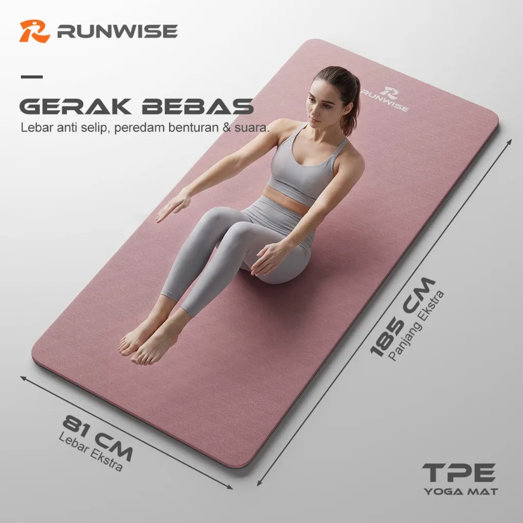 RUNWISE Matras Yoga TPE Tebal Premium 6/8mm – Extra Wide 185x81cm – Anti Slip, Elastis, Ramah Lingkungan, Cocok untuk Workout