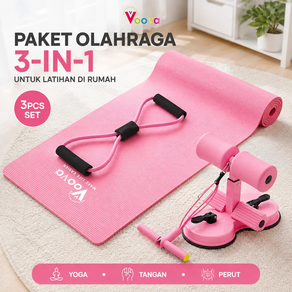 VOOVA Set Yoga Matras Lengkap 1 Paket Tali Yoga Elastis Block Alat Gym Rumah Super Praktis