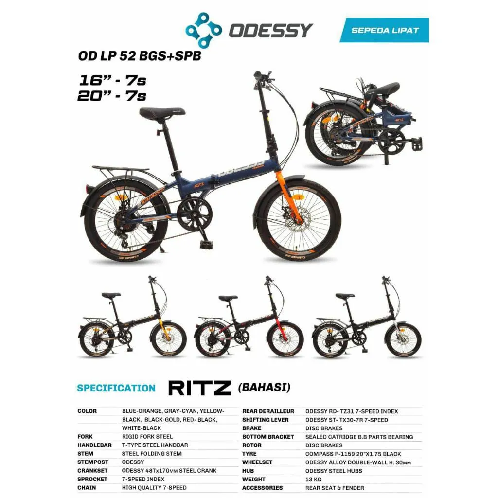 Sepeda Lipat ODESSY RITZ 52 / ODESSY RITZ ZIDAN / ODESSY PHYTON UKURAN 16 & 20 Inch Terbaru 7 Speed Rem Cakram Ada Boncengan