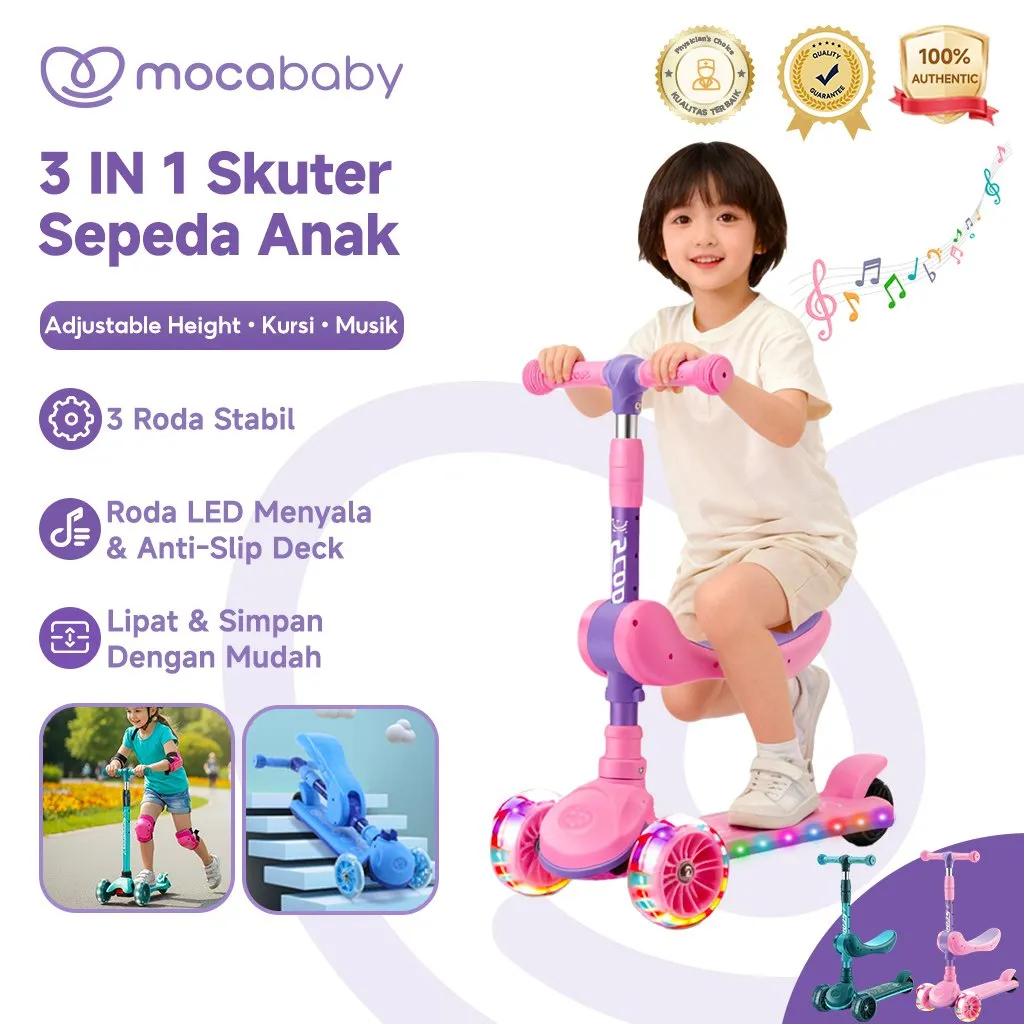 Mocababy Skuter Sepeda Anak 3 in 1 Scooter Anak Roda 3 injak Bisa Lipat dengan Lampu Musik ET02