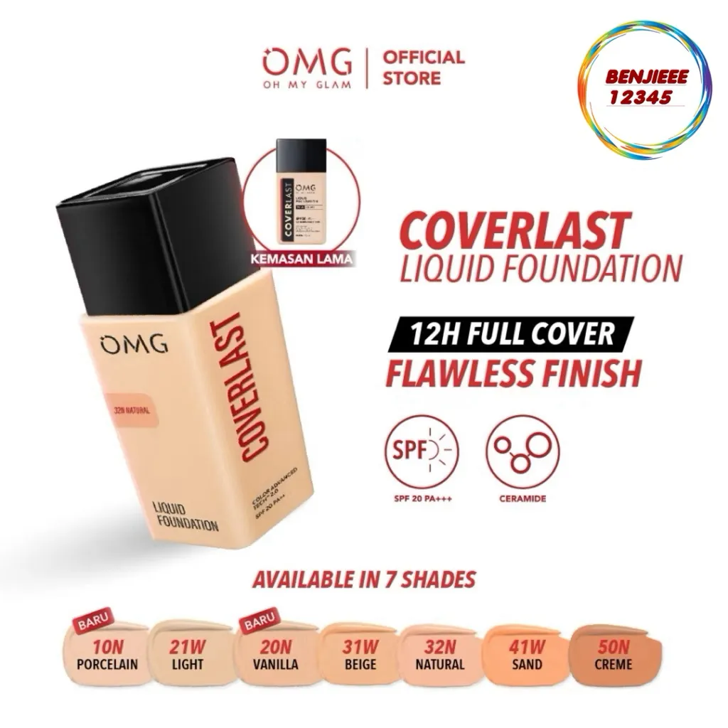 (Foundation) OMG Oh My Glam Coverlast Liquid Foundation high coverage 6 shades SPF20 PA+++ foundi foundation omg Omg OMG oh my glow glam cover last alas bedak