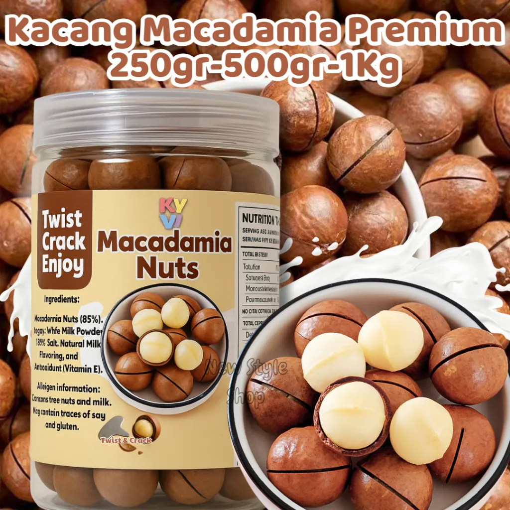 [ HALAL ] Kacang Macadamia 250gr dengan Cangkang / Roasted Macadamia Nuts 250gr + Alat Pembuka + Free Toples | Camilan Premium