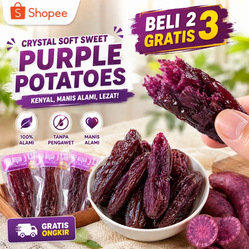 [Beli 2 Gratis 3] Ubi Jalar Ungu Kristal Premium Lembut – Raja Kering 3F FOOD – Camilan Sehat Tinggi Serat & Energi Alami