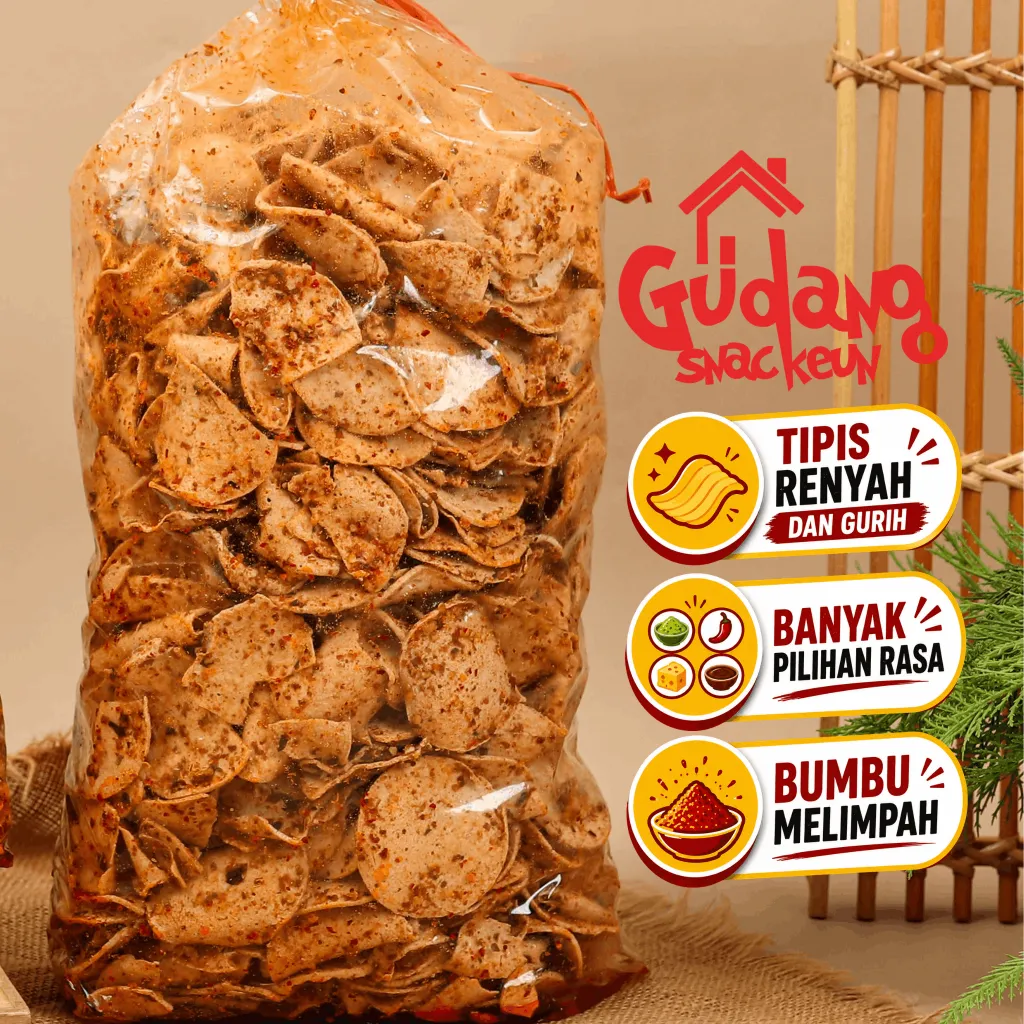 KERIPIK BASRENG BULAT TIPIS 500 Gr BUMBU PEDAS DAUN JERUK  CEMILAN CIKRUH  - TERCIDUK BUMBU BERLIMPAH