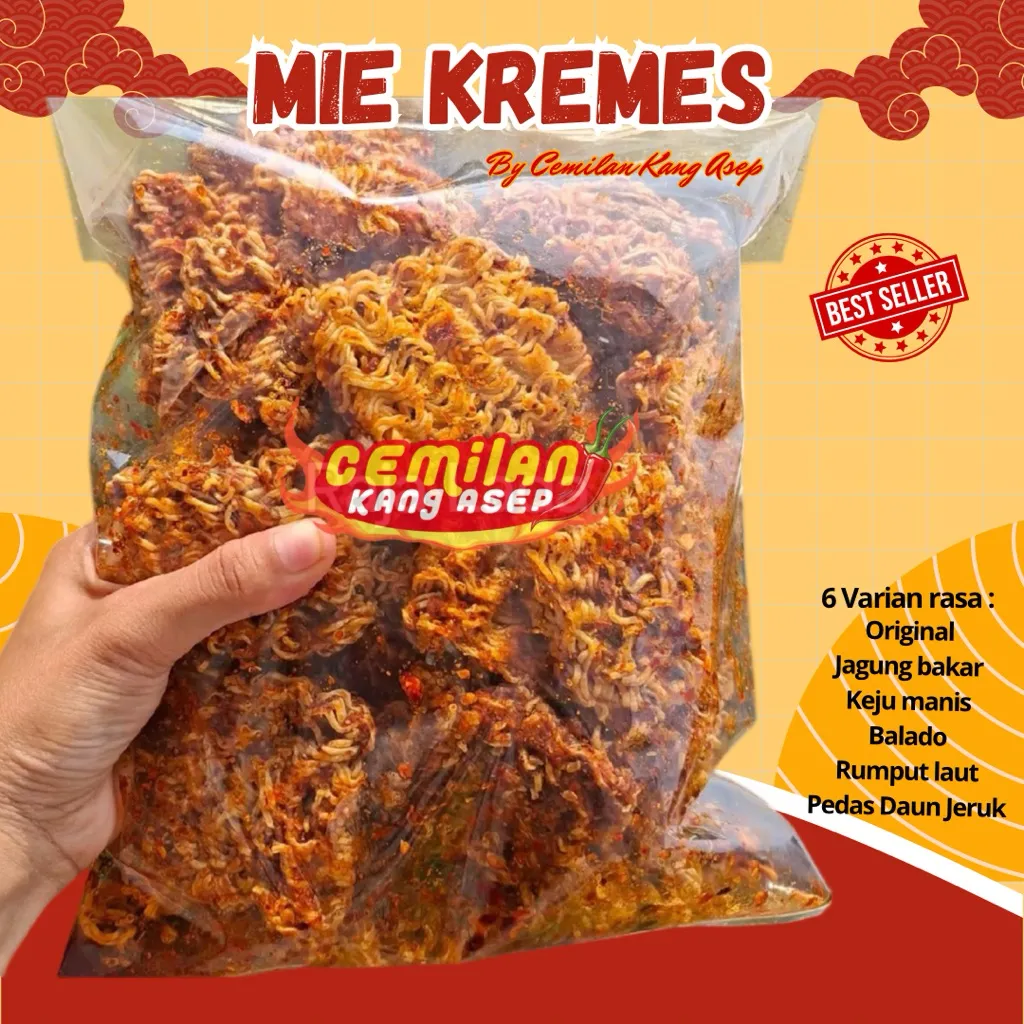 Cikasepofficial - 1KG Mie Kriuk Pedas Asin Kremes Varian Rasa Makanan Snacks Food Renyah Cemilan Kang Asep Tepung Tapioka Cabe Chili Oil