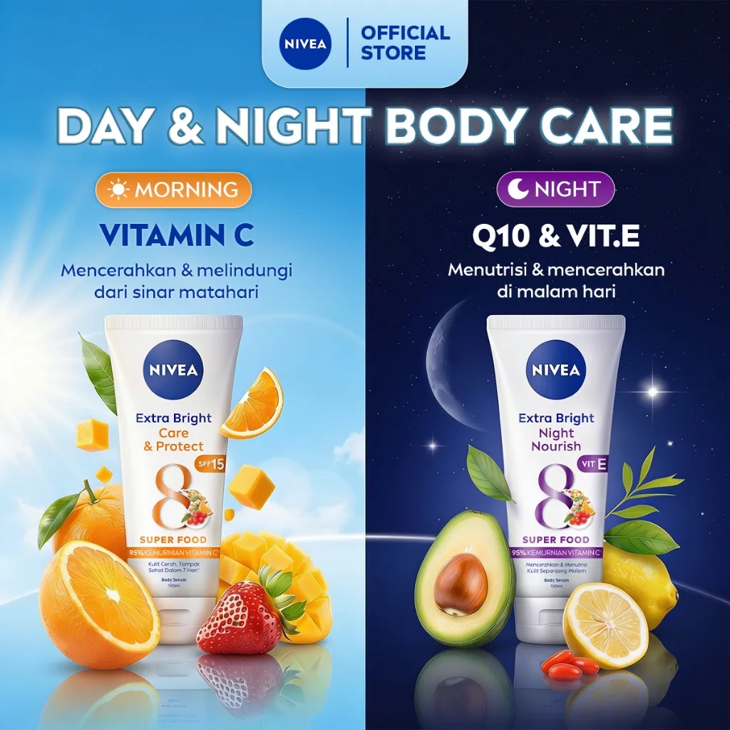 NIVEA Body Serum Extra Bright Day & Night (Care & Protect + Night Nourish) 180ml x2 - Merawat & mencerahkan kulit di pagi & malam