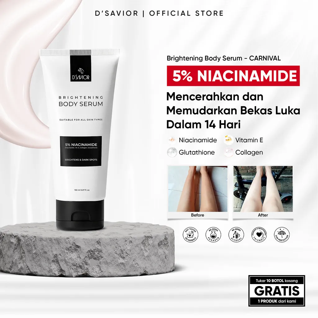 D'SAVIOR Body Serum Brightening Niacinamide 5% 150ML | Body Lotion Pencerah Badan, Penghilang Bekas Luka Menghitam & Membandel