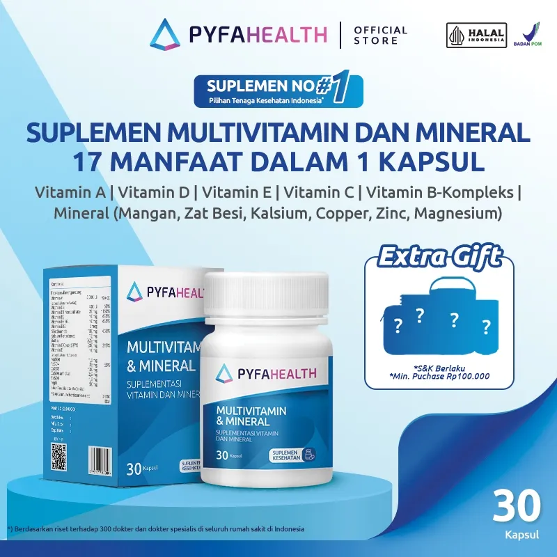 [HALAL BPOM] Pyfahealth Multivitamin & Mineral 17 in 1 - Suplemen 30 Kapsul | Mengandung Vitamin A, B, C, D, E, Mangan, Zat Besi, Kalsium, Zinc | Menjaga Imunitas Tubuh