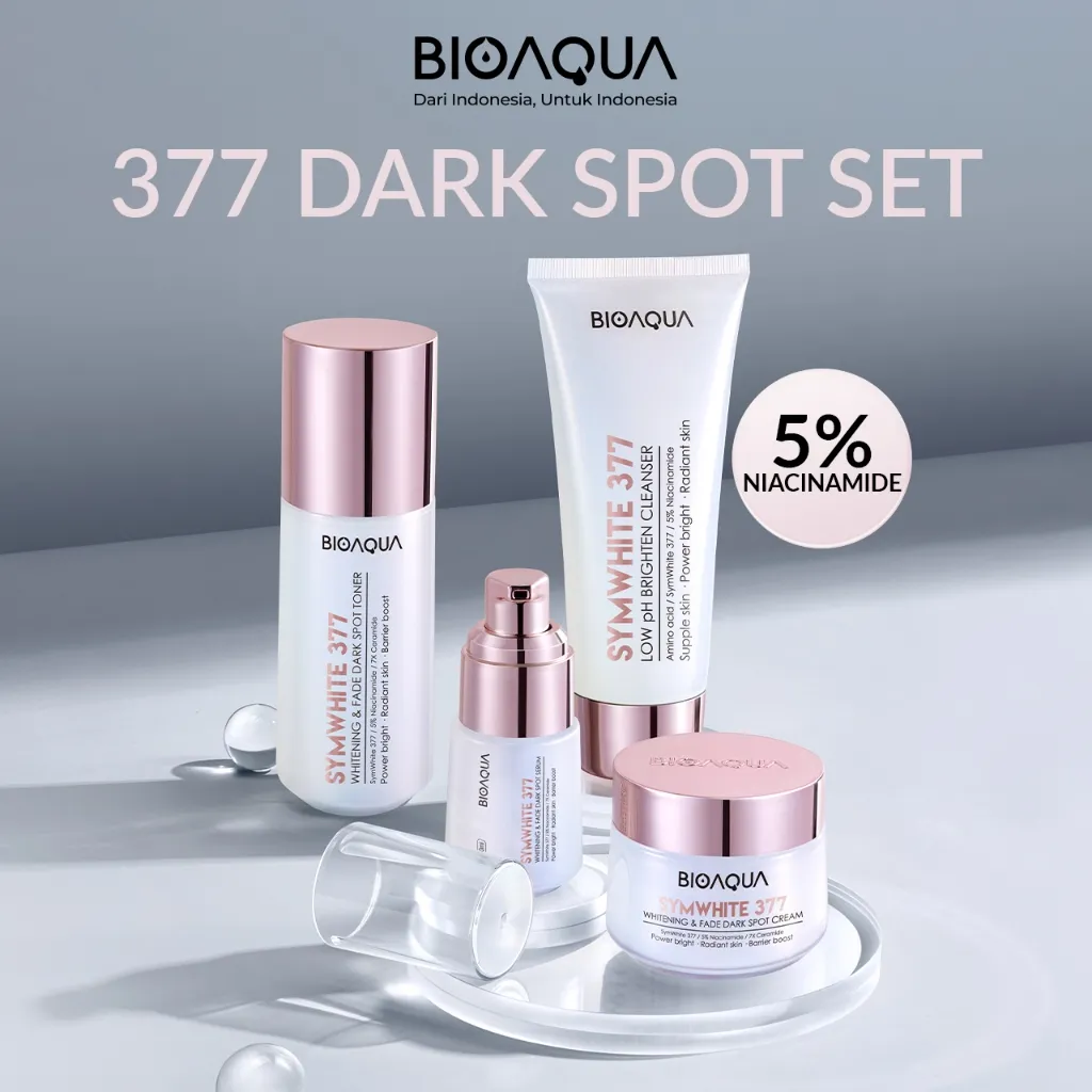 BIOAQUA SymWhite 377 Whitening & Fade Dark Spot Skincare 1 Set Lengkap BPOM Basic Skincare Paket Skincare Set With Facial Wash 100g / Toner 120ml / Serum 30ml / Moisturizer 50g / Sunscreen SPF 50 PA ++++