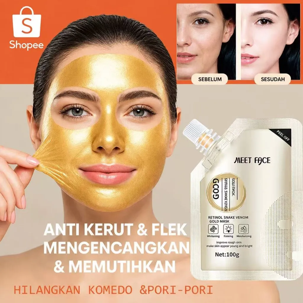 [COD] MEET FACE Masker Emas Retinol Racun Ular Peel Off 100g Anti Kerut Flek Hitam Mengencangkan Kulit Pelembap Deep Moisturizer Glowing Instan Anti Penuaan Menghaluskan Tekstur Kulit