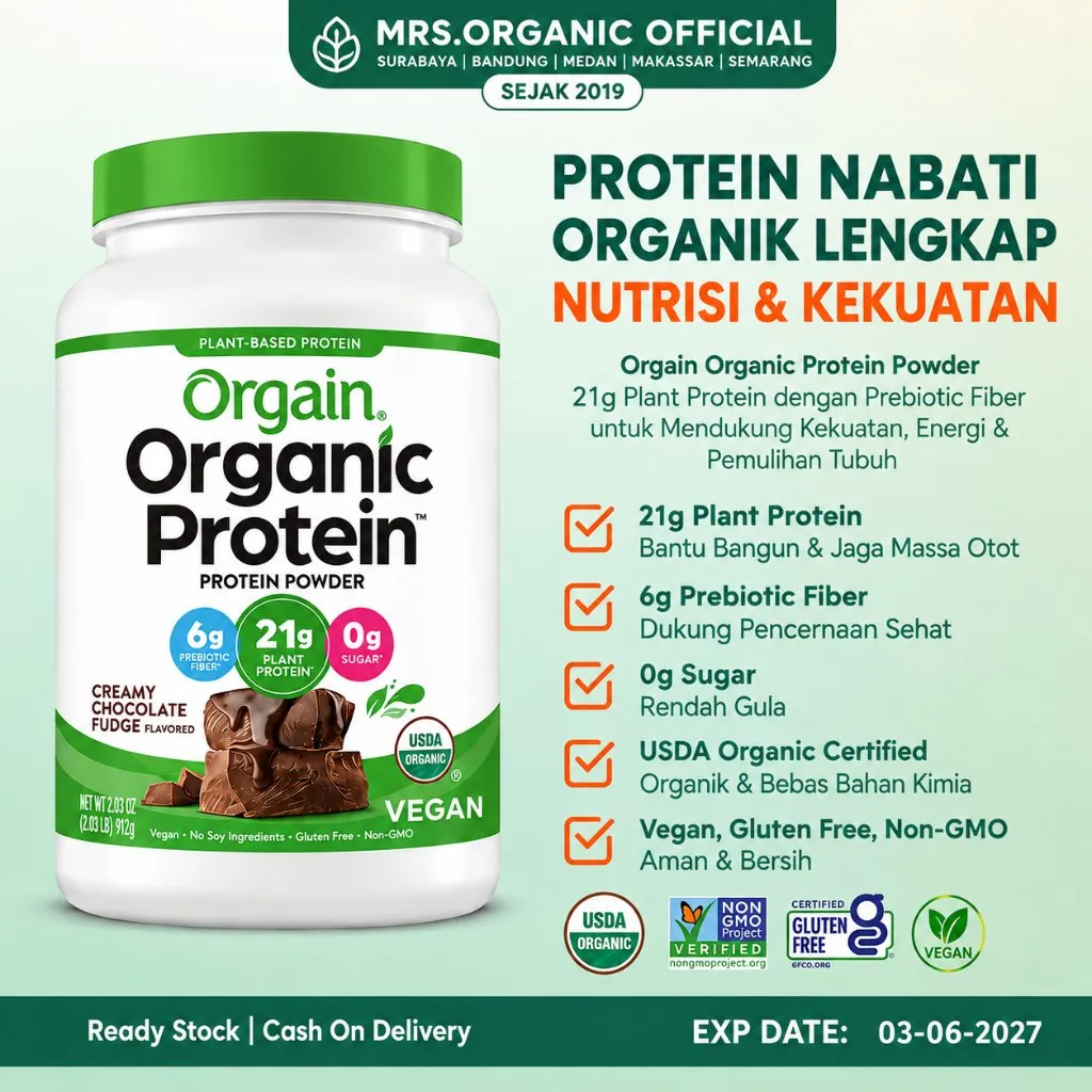 Suplemen Fitness Orgain Organic Plant Based High Protein Powder Creamy Chocolate Fudge 920g - Pertumbuhan Otot Energi Pencernaan