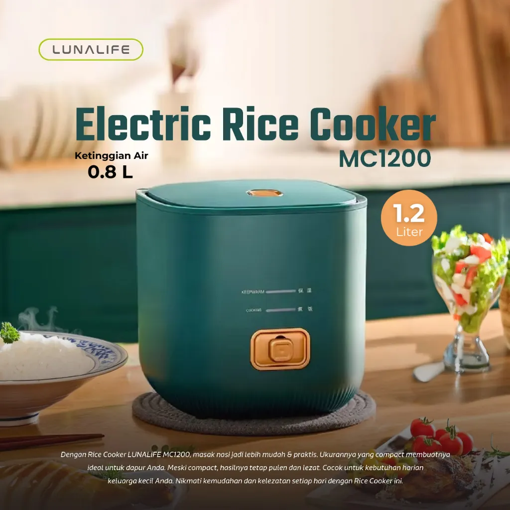 LUNALIFE Mini Rice Cooker Penanak Nasi Portable 1.2L 200Watt Ketinggian Air 0.8Liter, 200gr/ 2 Cup Nasi