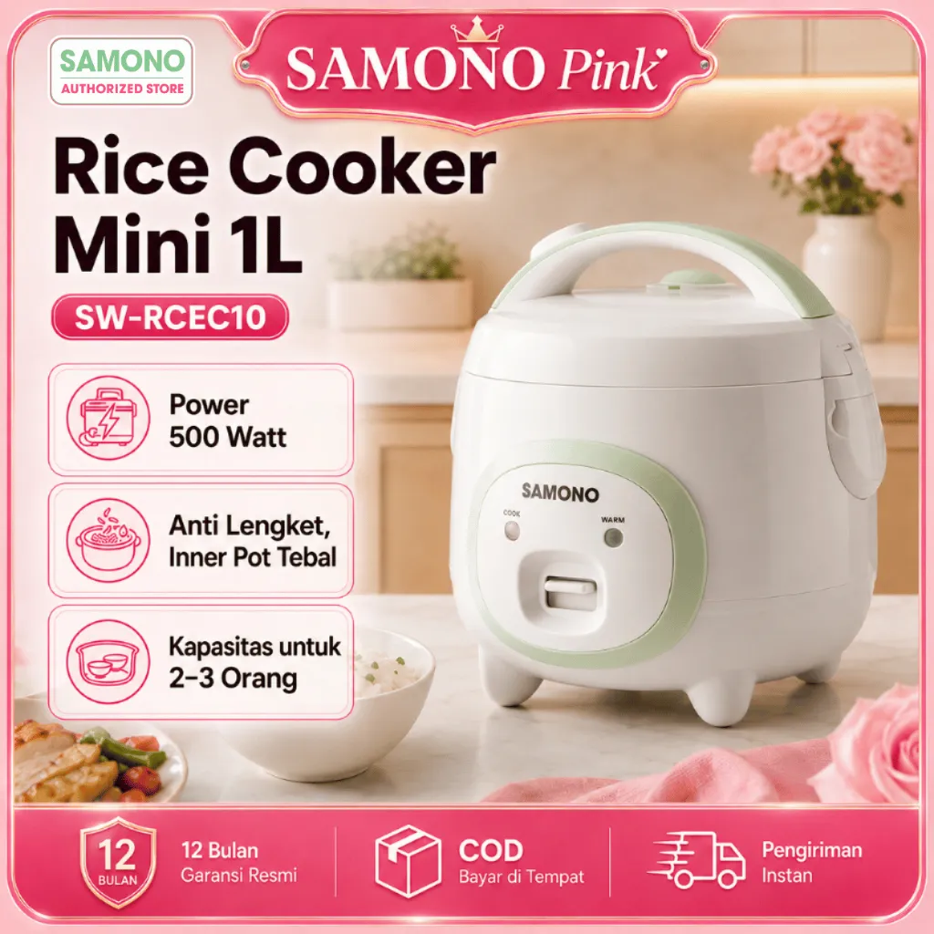 SAMONO Rice Cooker Mini 1 Liter SW-RCEC10 Low Watt 500W Inner Pot Anti Lengket Food Grade Dengan Kukusan Nasi Pulen Untuk Anak Kos Keluarga Kecil Rice Cooker Hemat Listrik Pemanas Merata Dapur Rumah Tangga