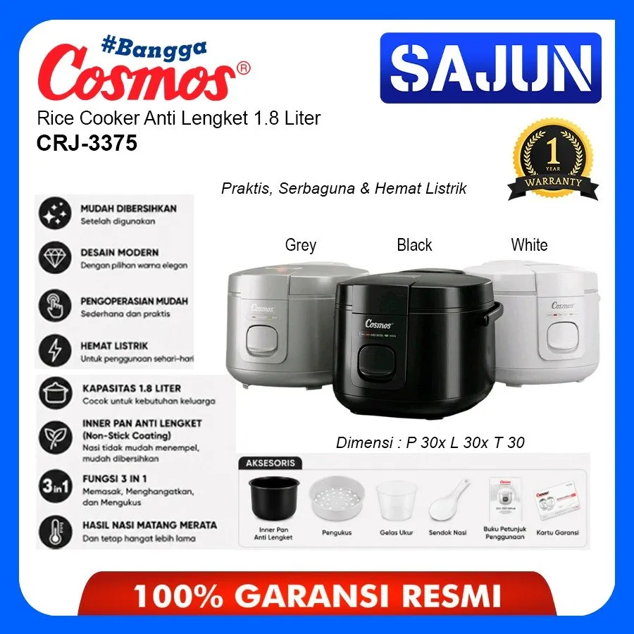 Cosmos Rice Cooker Anti Lengket 1.8L 3 in 1 – CRJ-3375 (Hitam / Putih / Abu)