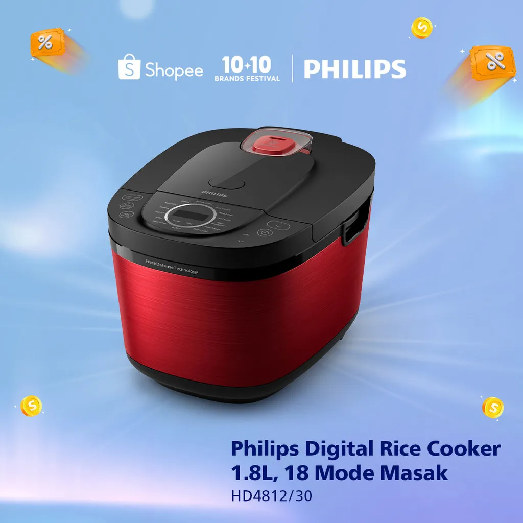 Philips Digital Rice Cooker Magicom 1.8 L - 3000 Digital Series HD4812/30 - Merah - 18 Menu Masak - Anti lengket - FreshDefense Technology - 400 Watt