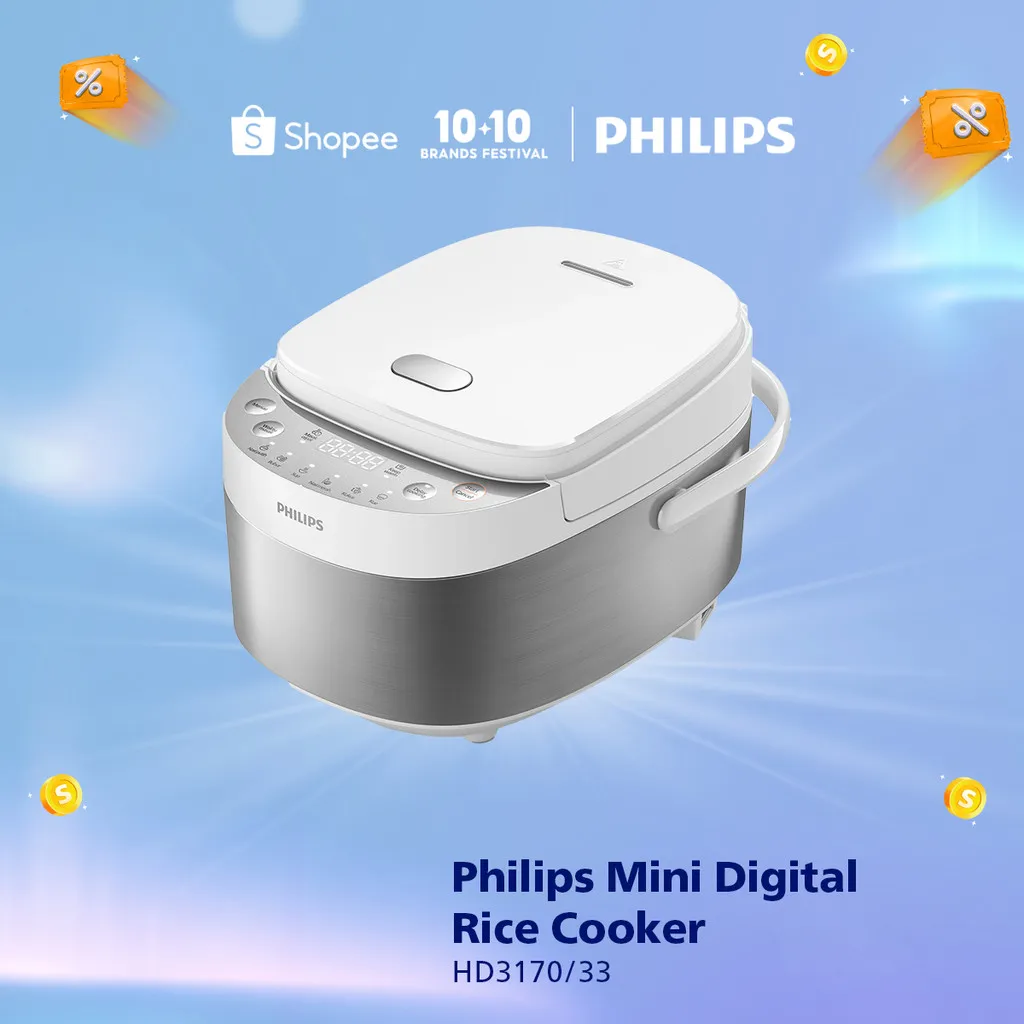 Philips Mini Digital Rice Cooker / Magicom HD3170/33 0.85 L, Penanak Nasi, Inner Pot Anti Lengket - White