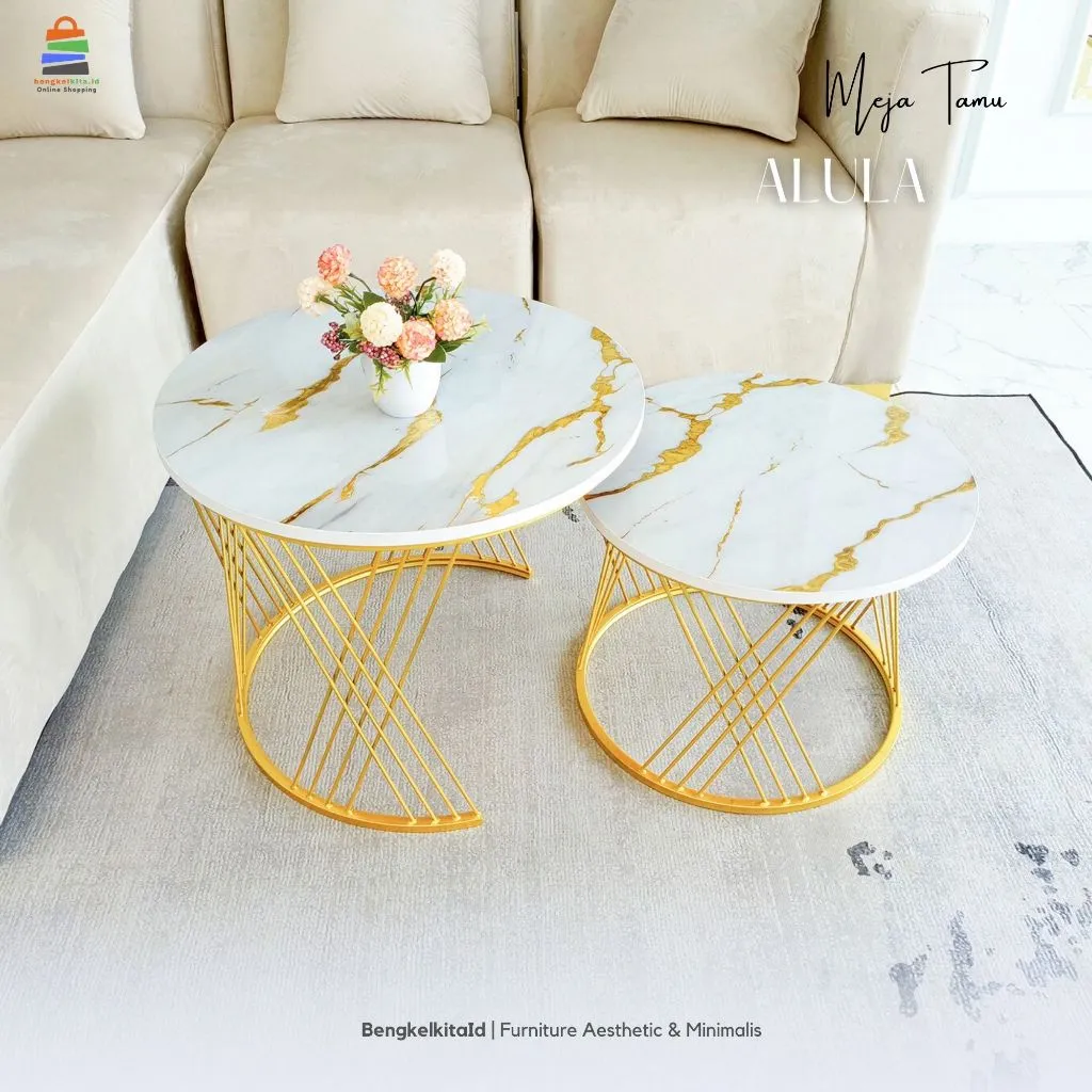 Meja Tamu Aesthetic Meja Bulat Set 2in1 - MEJA ALULA - Samping Sofa Besi Holo Marmer Mewah