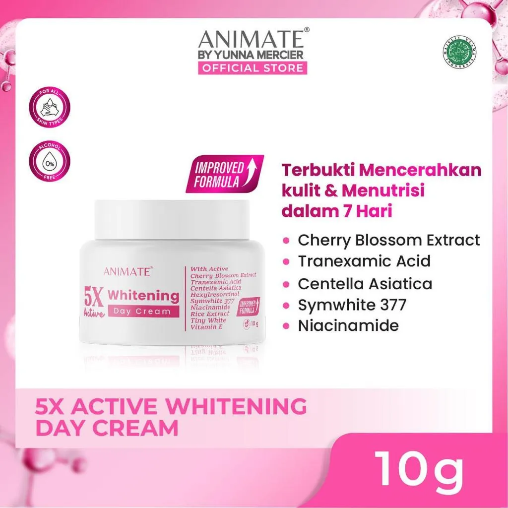 ANIMATE Day Cream 5x Active Whitening 10gr - Krim Siang Pencerah Wajah Aman untuk Semua Jenis Kulit - Krim Siang meningkatkan, meratkan dan mencerahkan kulit wajah