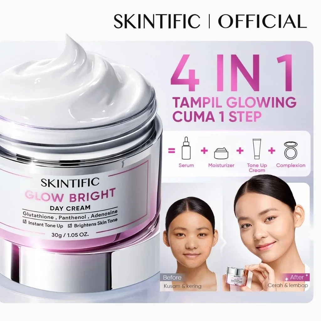 [Original]SKINTIFIC Glow Bright Day Cream-Tone Up Moisturizer Wajah & Leher | Brightening Whitening Lazy Cream Foundation Look | Quick Makeup Day & Night Facial Moisturizer