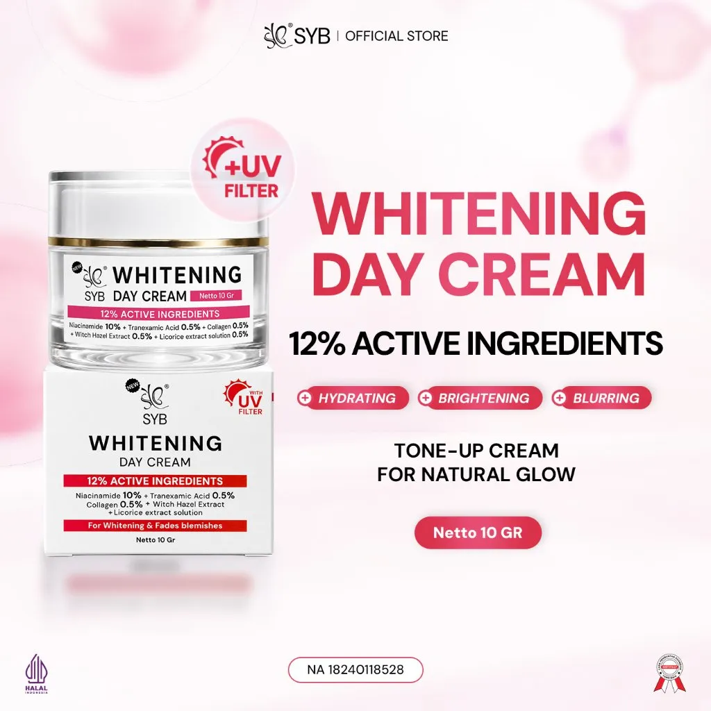 NEW SYB [WHITENING DAY CREAM] WITH TOTAL 12% ACTIVE INGREDIENTS (NIACINAMIDE 10% + TRANEXAMID ACIS 0,5% + Witch hazel and licorice extract +  Sodium Hyaluronate + 0.5% fish collagen) Tone-Up Cream For Natural Glow 10GR