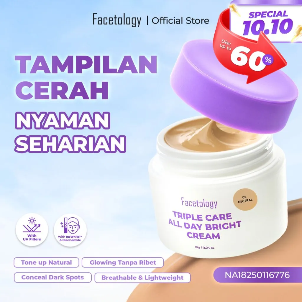 Facetology Triple Care All Day Bright Cream 10gr - Day Cream Shades Light Neutral Warm Dengan Medium Coverage Bantu Mencerahkan