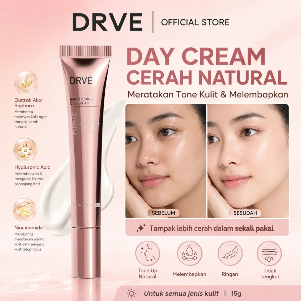 DRVE Brightening Day Cream Niacinamide 10% Moisturizer Wajah Tone Up Natural Mencerahkan Kulit Kusam Glowing Pelembap Wajah Ringan Tidak Lengket Meratakan Warna Kulit Skincare Pagi