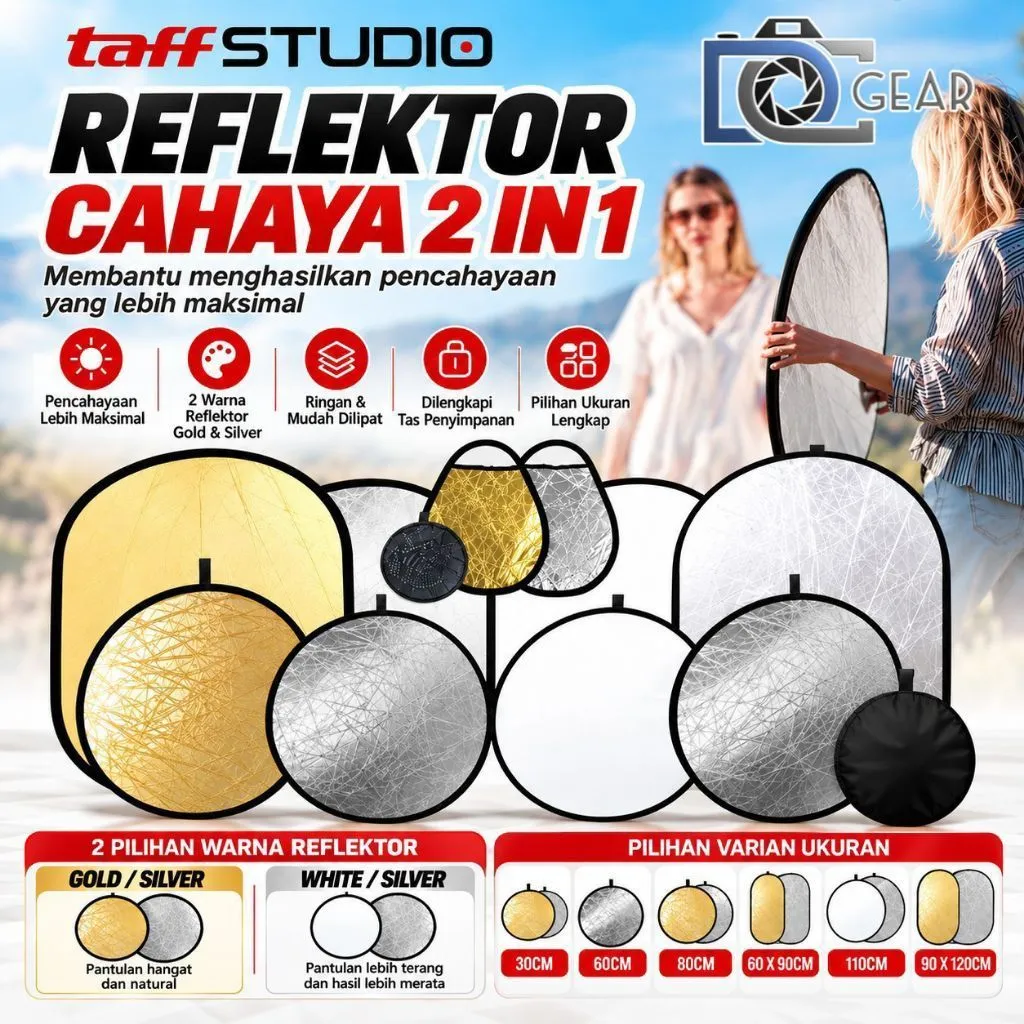 Reflektor cahaya 2 in 1 30cm , 60cm , 80 cm , 110cm  utk foto studio, foto produk, make up