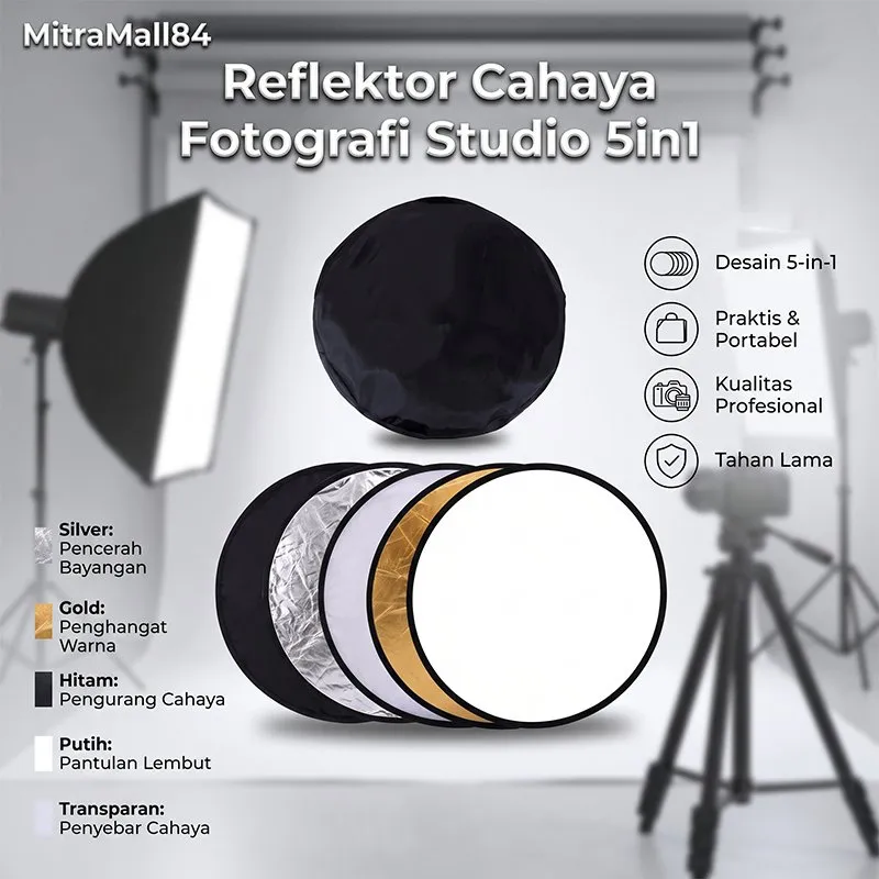Reflektor 5 in1 Cahaya Studio | Reflektor Fotografi Studio Diffuser Diameter 30cm | 60cm | 80 cm | 110cm Alat lighting foto